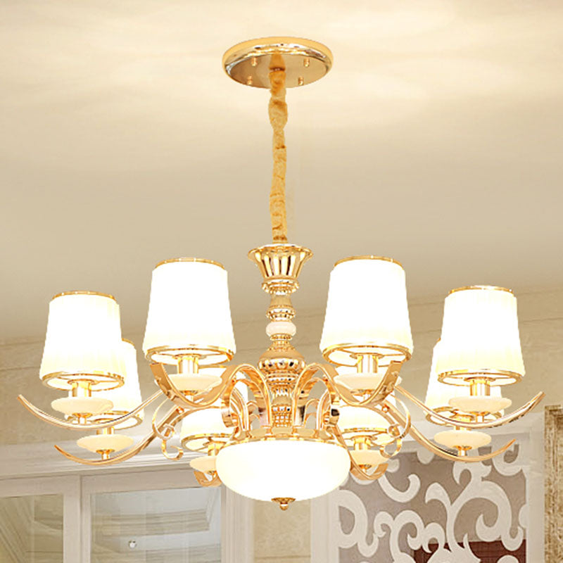 Barrel Shade Pendant Chandelier Modern White Glass Gold Down Lighting with Curved Arm