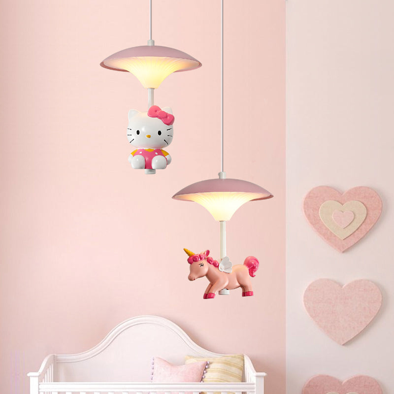 Pink Mushroom Ceiling Lamp Kid LED Metal Hanging Light Fixture with Cartoon Figurine for Bedroom