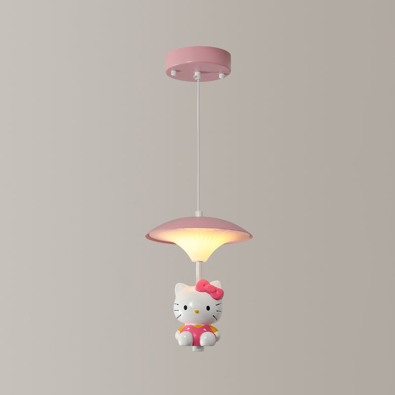 Pink Mushroom Ceiling Lamp Kid LED Metal Hanging Light Fixture with Cartoon Figurine for Bedroom