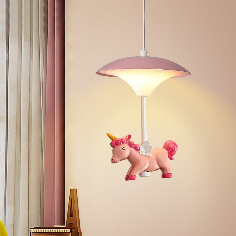 Pink Mushroom Ceiling Lamp Kid LED Metal Hanging Light Fixture with Cartoon Figurine for Bedroom