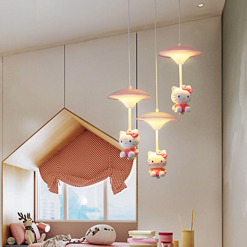 Pink Mushroom Ceiling Lamp Kid LED Metal Hanging Light Fixture with Cartoon Figurine for Bedroom