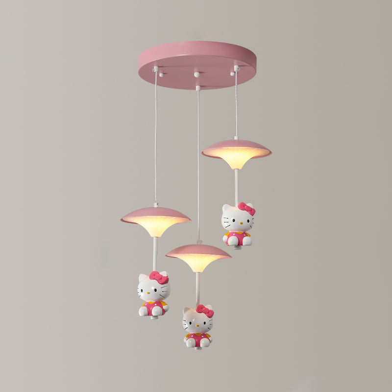 Pink Mushroom Ceiling Lamp Kid LED Metal Hanging Light Fixture with Cartoon Figurine for Bedroom