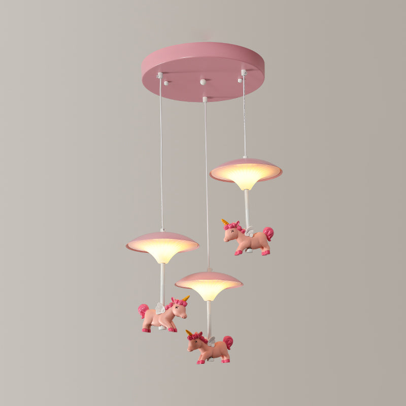 Pink Mushroom Ceiling Lamp Kid LED Metal Hanging Light Fixture with Cartoon Figurine for Bedroom