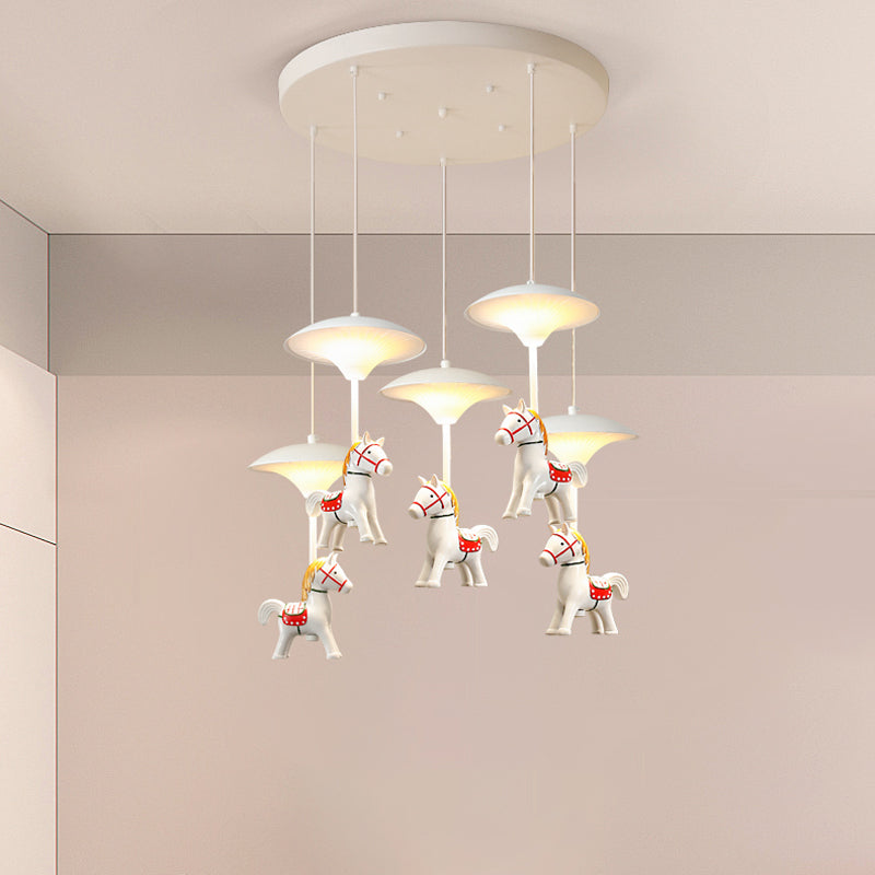 Cartoon LED Ceiling Pendant White Horse Multiple Hanging Light with Metal Shade for Bedroom