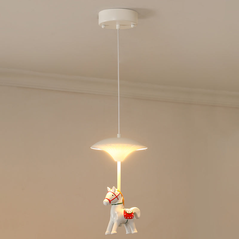 Cartoon LED Ceiling Pendant White Horse Multiple Hanging Light with Metal Shade for Bedroom