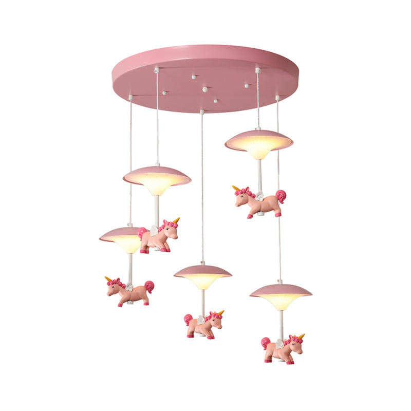 Mushroom Shade Bedroom Multi Pendant Metal LED Kid Ceiling Pendant with Unicorn Deco, Pink