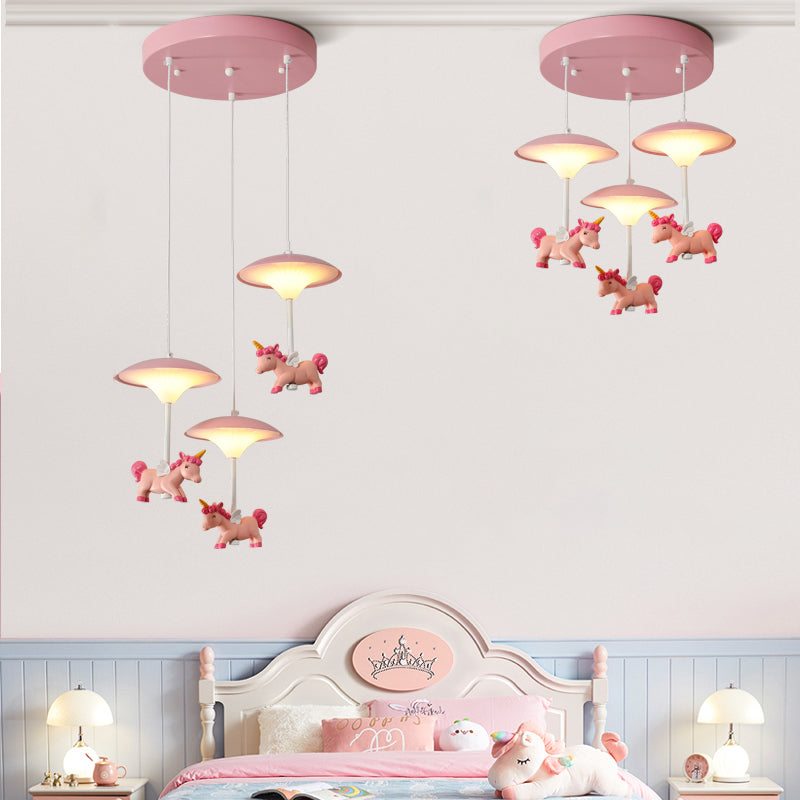 Mushroom Shade Bedroom Multi Pendant Metal LED Kid Ceiling Pendant with Unicorn Deco, Pink