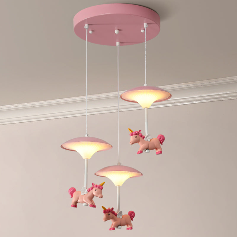 Mushroom Shade Bedroom Multi Pendant Metal LED Kid Ceiling Pendant with Unicorn Deco, Pink