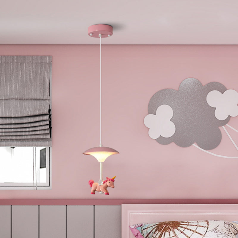 Mushroom Shade Bedroom Multi Pendant Metal LED Kid Ceiling Pendant with Unicorn Deco, Pink