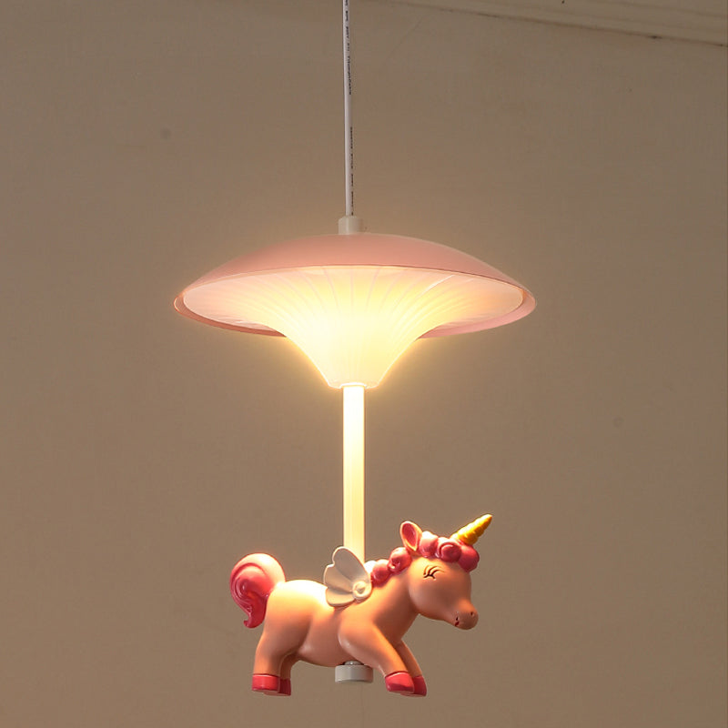 Mushroom Shade Bedroom Multi Pendant Metal LED Kid Ceiling Pendant with Unicorn Deco, Pink