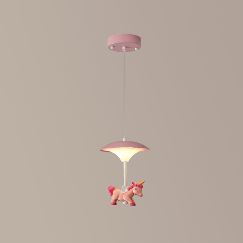 Mushroom Shade Bedroom Multi Pendant Metal LED Kid Ceiling Pendant with Unicorn Deco, Pink