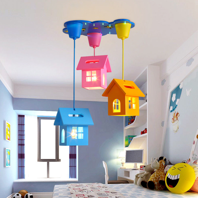 House Shaped Wood Multi Hanging Light Fixture Kid 3-Light Blue Ceiling Pendant for Bedroom