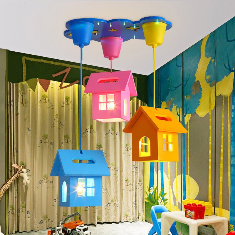 House Shaped Wood Multi Hanging Light Fixture Kid 3-Light Blue Ceiling Pendant for Bedroom