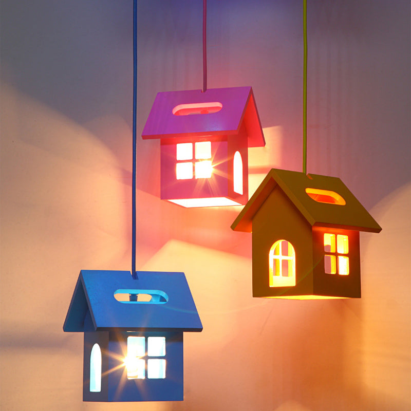 House Shaped Wood Multi Hanging Light Fixture Kid 3-Light Blue Ceiling Pendant for Bedroom