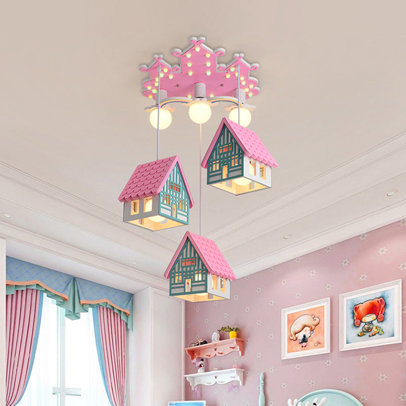 House Shaped Nursery Ceiling Lamp Wood 6 Bulbs Creative Chandelier Pendant Lighting