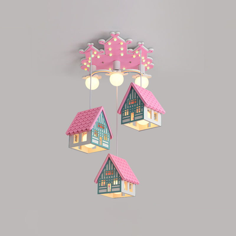 House Shaped Nursery Ceiling Lamp Wood 6 Bulbs Creative Chandelier Pendant Lighting