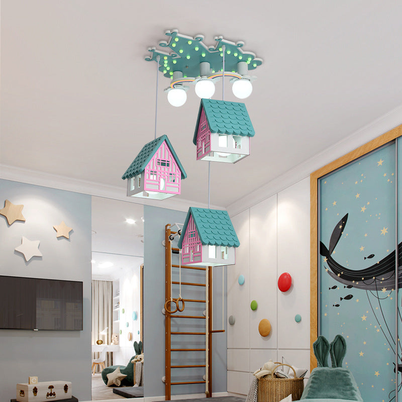 House Shaped Nursery Ceiling Lamp Wood 6 Bulbs Creative Chandelier Pendant Lighting