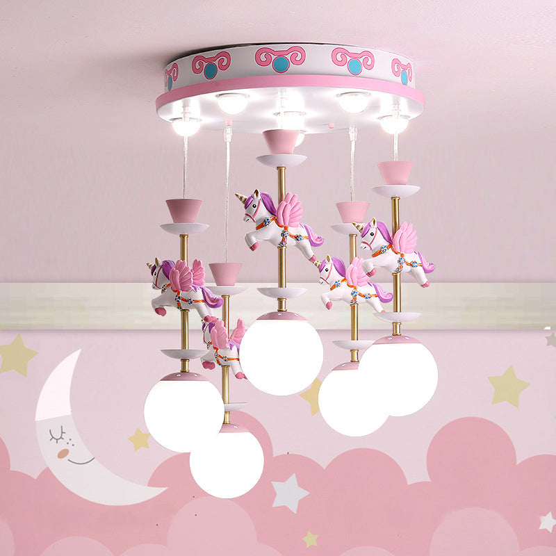 Pink Unicorn Multiple Pendant Light Fixture Kid Resin Hanging Ceiling Light for Nursery