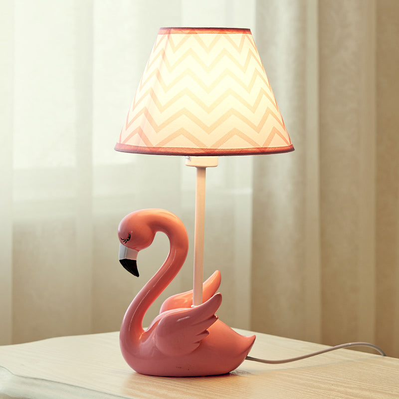 Cone Shade Bedroom Nightstand Lamp Fabric 1��Head Kid Table Lamp with Flamingo Base, Pink