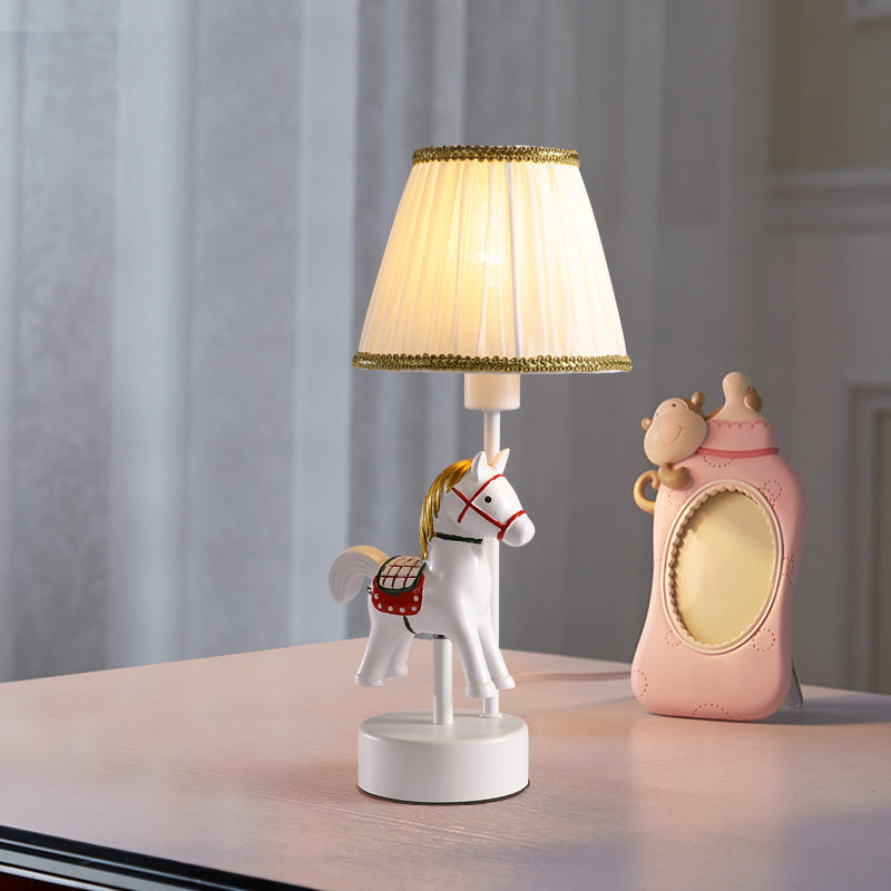 Empire Shade Table Light Cartoon Fabric Single-Bulb White Nightstand Lamp with Horse Base