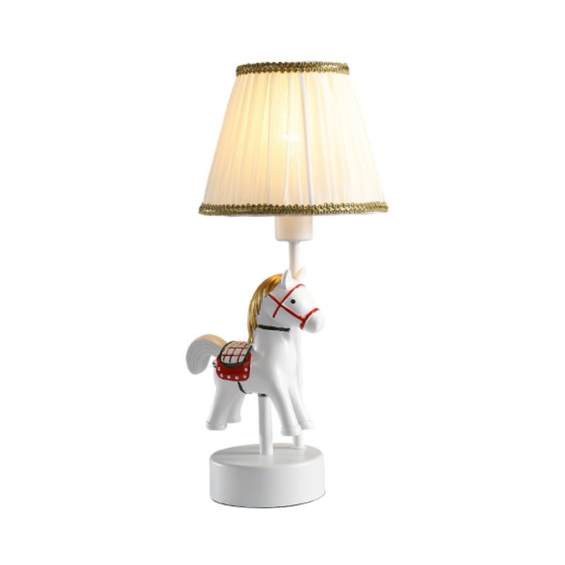 Empire Shade Table Light Cartoon Fabric Single-Bulb White Nightstand Lamp with Horse Base