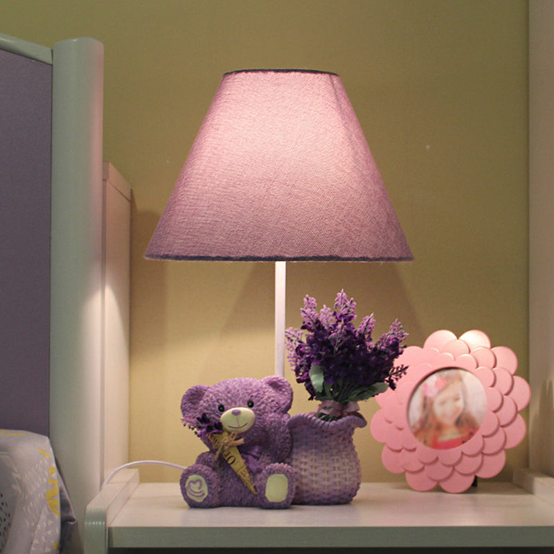 Kid Single-Bulb Nightstand Lamp Purple Tapered Table Light with Fabric Shade for Bedroom