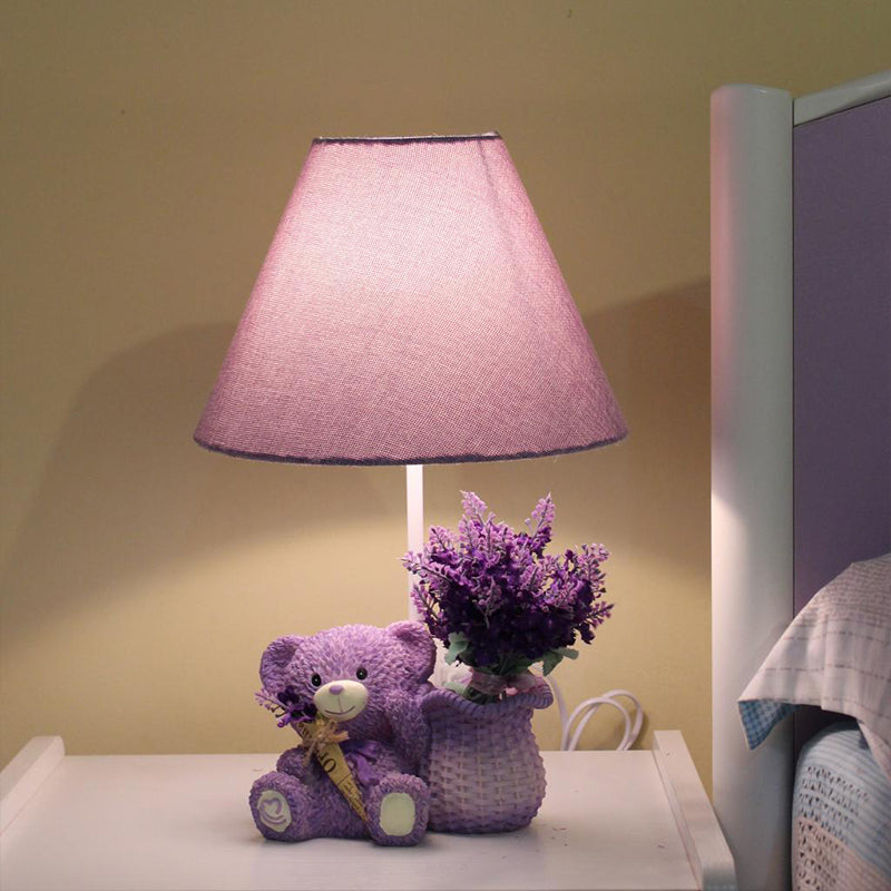 Kid Single-Bulb Nightstand Lamp Purple Tapered Table Light with Fabric Shade for Bedroom