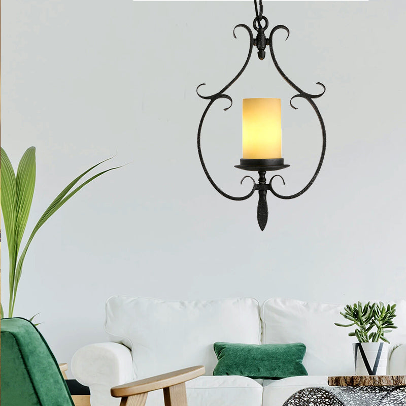 Antiker schwarzer Zylinder Anhänger Decke Leicht rustikales beige Glas 1 helles Wohnzimmer Hanglampe mit Metallkäfig