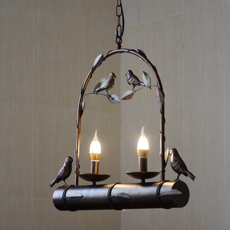 2 Lights Cluster Pendant Country Style Candle Metal Hanging Lamp in Rust with/without Marble Shade