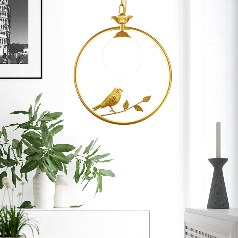 1 Light Ring Pendant Light Fixture Minimalist Gold/Black Metal Hanging Light with Bird Decoration