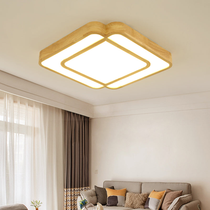 Diamond Shape Bedroom LED Flush Mount Lamp Wooden Simple Flush Light Fixture in Beige