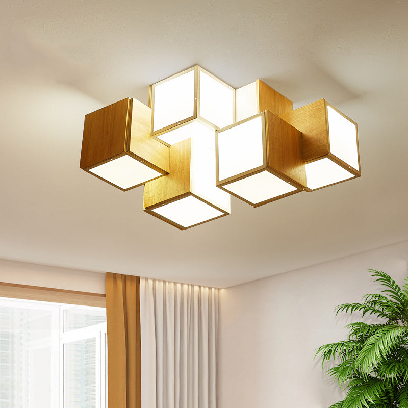 Cube Flush Ceiling Light Modern Wooden Beige Flush Mount Lighting Fixture for Bedroom