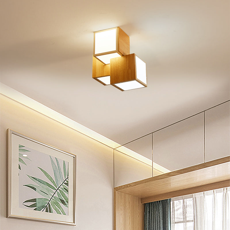 Cube Flush Ceiling Light Modern Wooden Beige Flush Mount Lighting Fixture for Bedroom