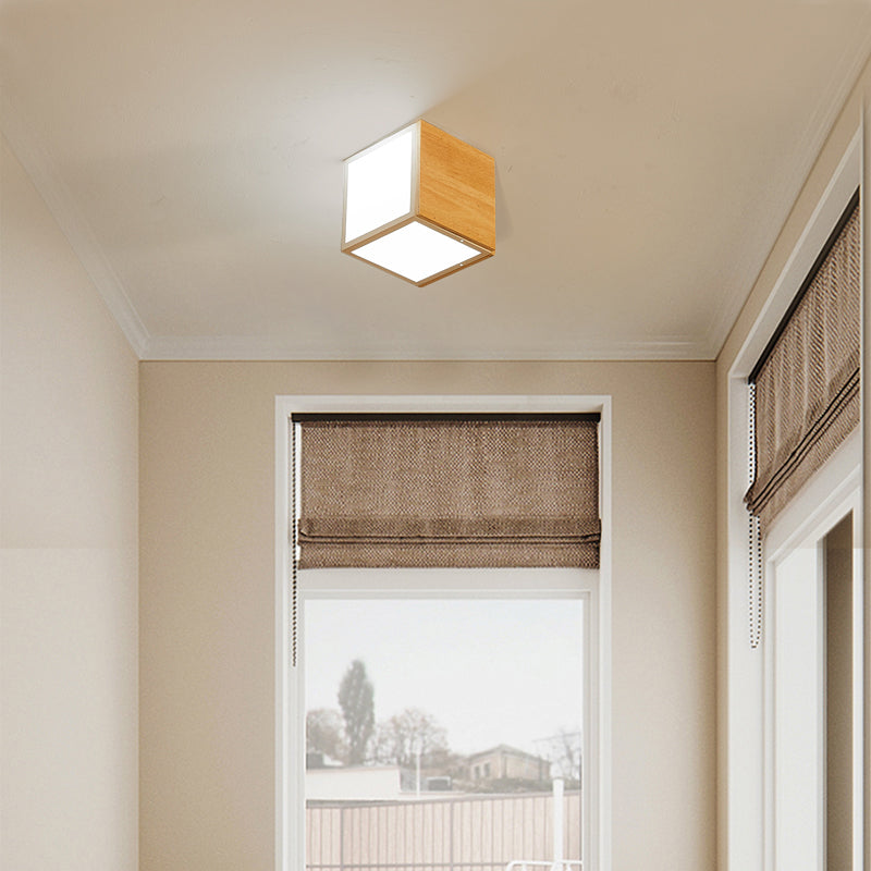 Cube Flush Ceiling Light Modern Wooden Beige Flush Mount Lighting Fixture for Bedroom