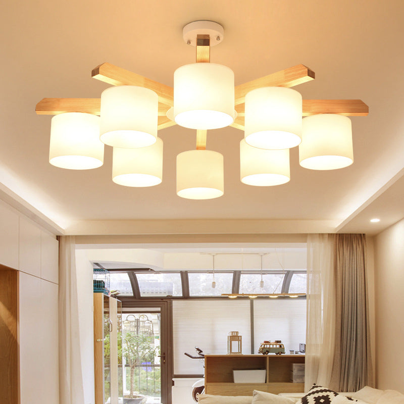 Opal Glass Barrel Shade Hanging Light Contemporary LED Wood Chandelier Light Fixture for Living Room