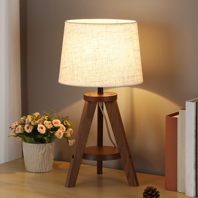 Simple Drum Table Lamp Fabric Single-Bulb Bedroom Night Table Light with Wooden Tripod