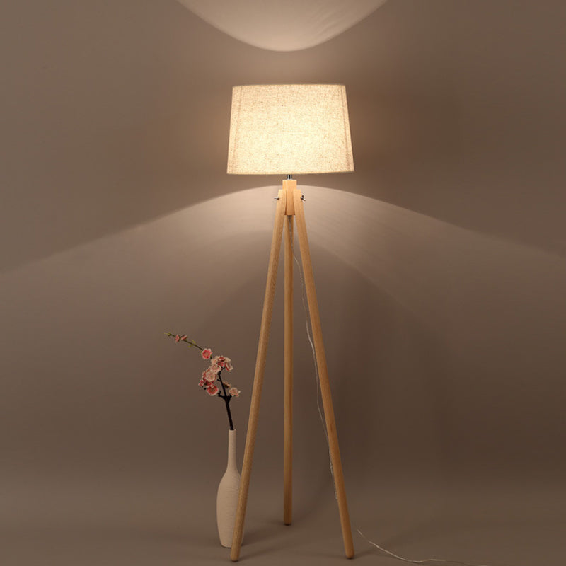 Tripod Standing Light Modern Wooden LED Bedside Floor Lamp with Drum Fabric Shade