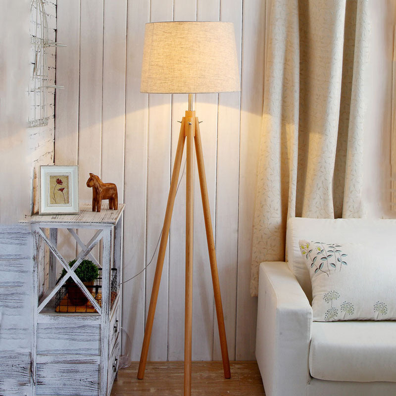 Tripod Standing Light Modern Wooden LED Bedside Floor Lamp with Drum Fabric Shade