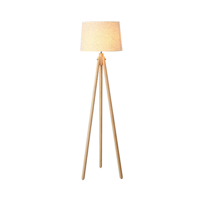 Tripod Standing Light Modern Wooden LED Bedside Floor Lamp with Drum Fabric Shade