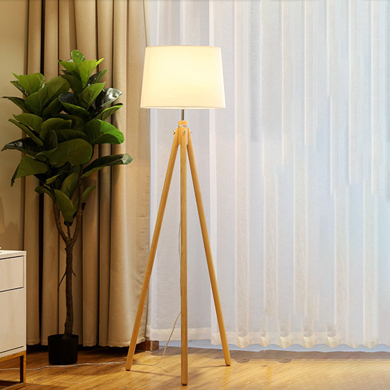 Tripod Standing Light Modern Wooden LED Bedside Floor Lamp with Drum Fabric Shade