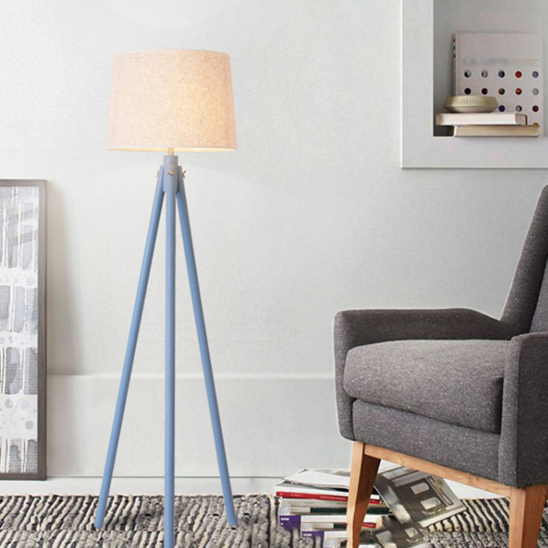 Tripod Standing Light Modern Wooden LED Bedside Floor Lamp with Drum Fabric Shade