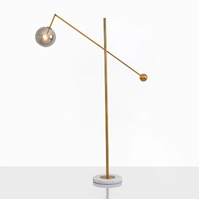 1-Bulb Living Room Floor Lamp Simple Gold Swing Arm Standing Light with Globe Smoke Grey Glass Shade