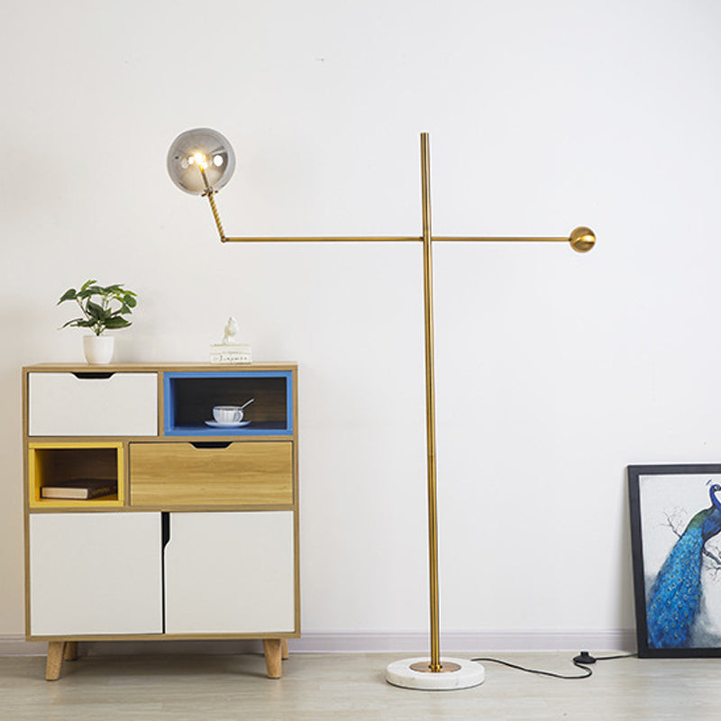 1-Bulb Living Room Floor Lamp Simple Gold Swing Arm Standing Light with Globe Smoke Grey Glass Shade