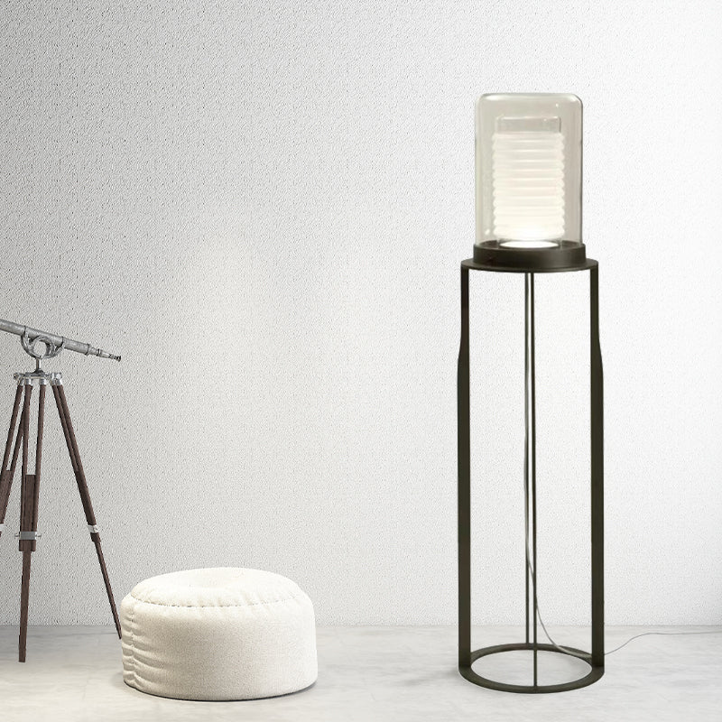 Eenvoudige LED -vloerlicht Zwart Dual Cilinder Stand Up Lamp met glazen schaduw voor woonkamer