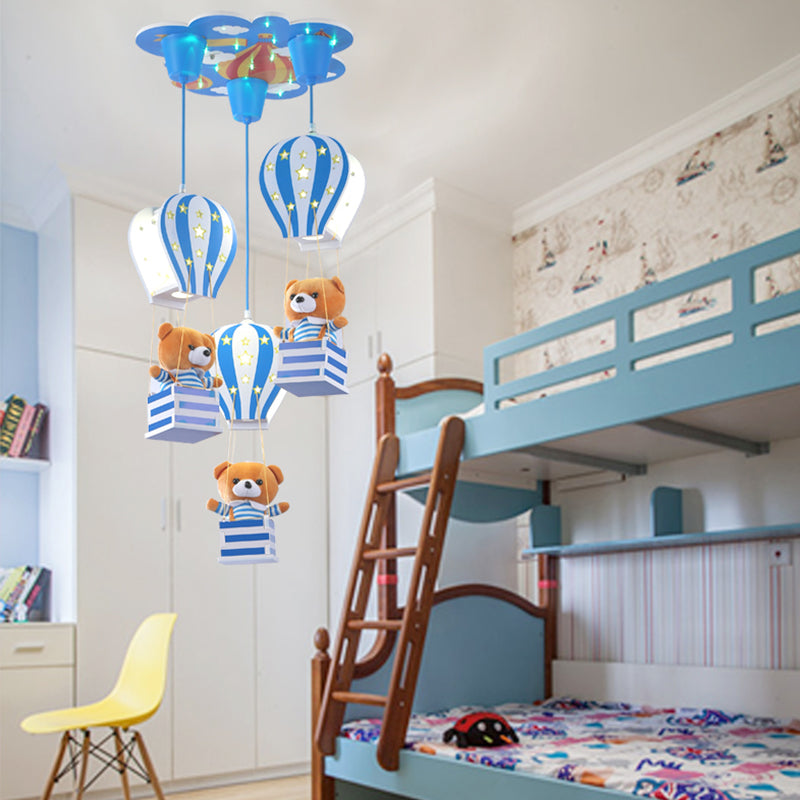 Contemporary Bear Pendant Light Wood 3 Lights Hanging Lamp for Baby Girls Boys Bedroom