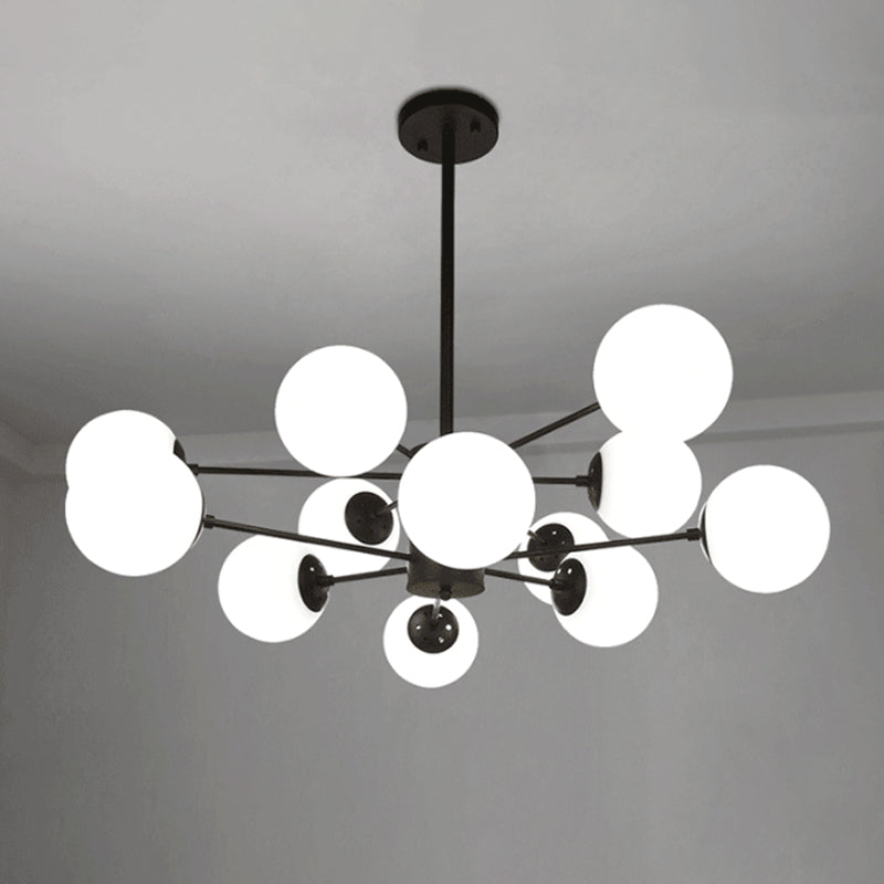 Radial Living Room Hanging Chandelier Metal 12 Bulbs Simple Drop Pendant with Orb Opal Glass Shade in Black