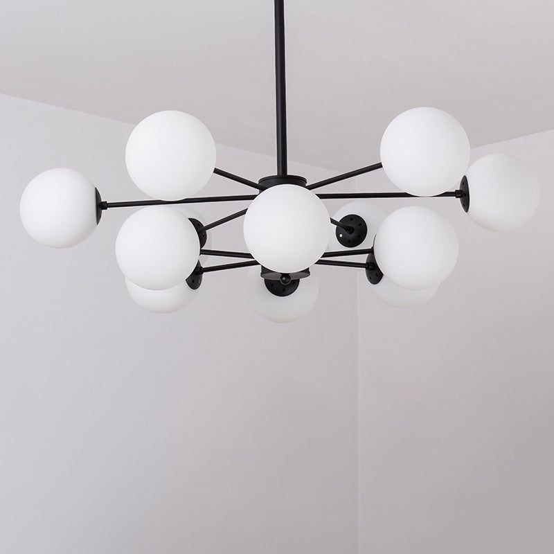 Radial Living Room Hanging Chandelier Metal 12 Bulbs Simple Drop Pendant with Orb Opal Glass Shade in Black