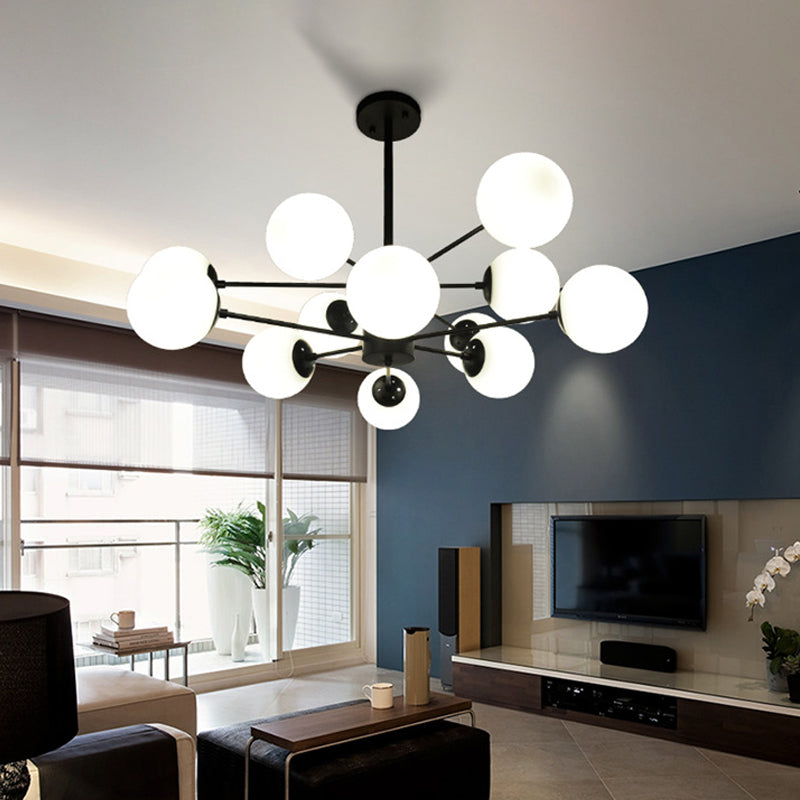 Radial Living Room Hanging Chandelier Metal 12 Bulbs Simple Drop Pendant with Orb Opal Glass Shade in Black