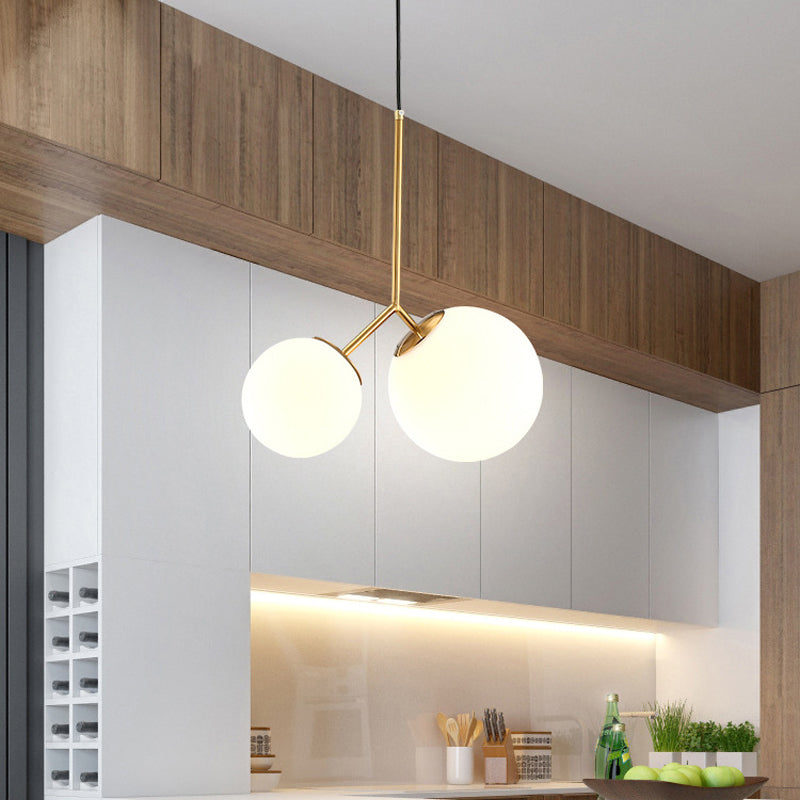 Gold Spherical Chandelier Light Modernity 2 Bulbs Milky Glass Suspension Pendant for Dining Room