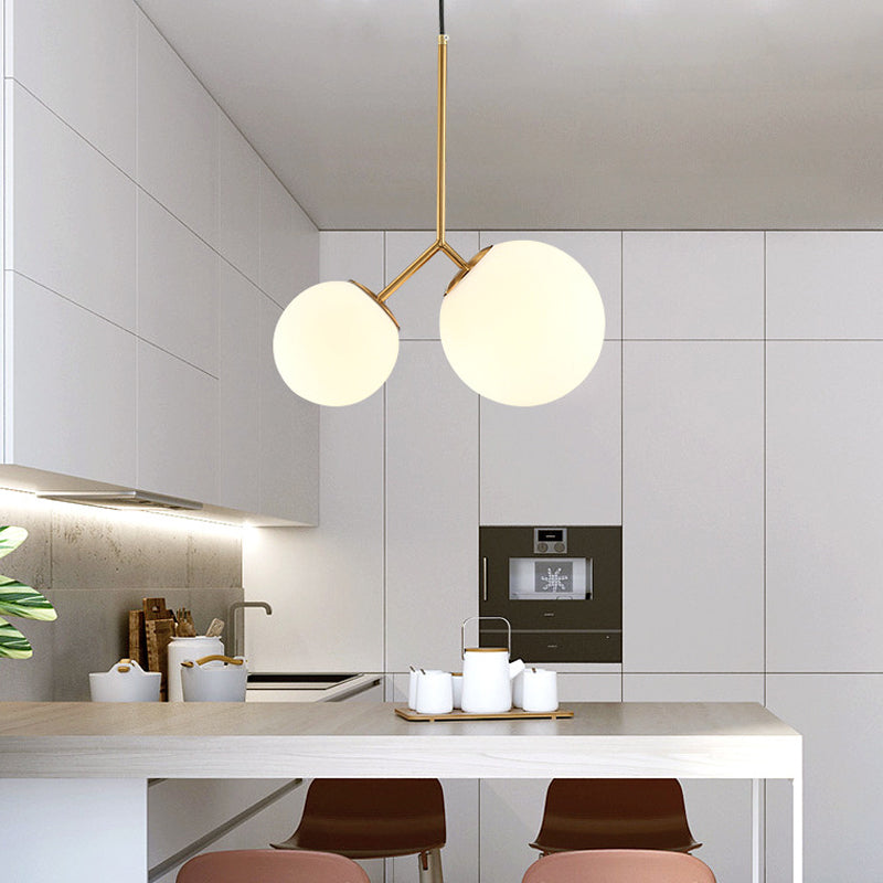 Gold Spherical Chandelier Light Modernity 2 Bulbs Milky Glass Suspension Pendant for Dining Room